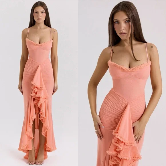 House of Cb Gabbi Peach Ruffle Front Gown Mesh High-Low Cocktail Dress NWOT M - Picture 4 of 11